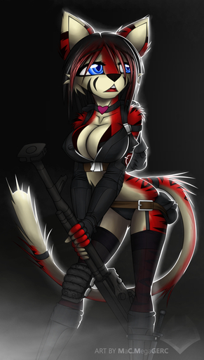 abstract_background anthro blue_eyes cherry_(macmegagerc) clothed clothing felid female gun machine_gun macmegagerc mammal pantherine ranged_weapon simple_background skimpy solo tiger weapon // 546x960 // 422.5KB