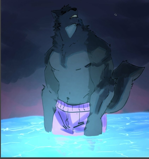 anthro canid canine canis clothing dark_background goon_(goonie_san) goonie-san knee_deep light lighting looking_up male mammal overcast sky solo swimming_trunks swimwear water wolf // 844x904 // 68.9KB