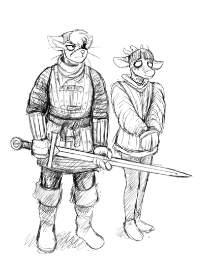 aged_down anthro antlers armor black_and_white cat_knight cervid deer_prince domestic_cat duo felid feline felis female frown hair handcuffs hi_res hladilnik horn male mammal melee_weapon monochrome scar shackles sword weapon // 1022x1280 // 930.7KB