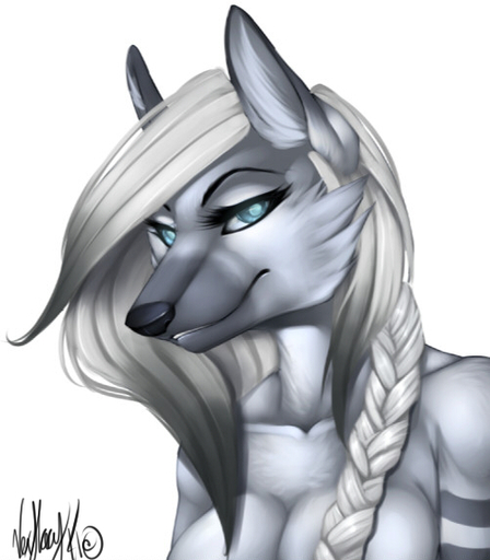 anthro black_hair blue_eyes breasts canid canine female fur grey_body grey_fur hair looking_at_viewer mammal nude smile solo vexstacy white_hair // 501x573 // 124KB