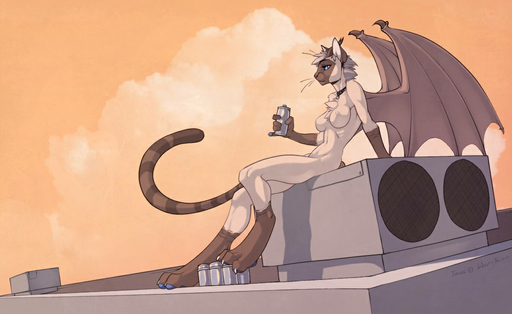 2010 alcohol anthro beer beverage biped blue_eyes blue_pawpads breasts can casual_nudity cloud collar digital_media_(artwork) domestic_cat dragon felid feline felis female food fur furred_dragon horn hybrid kace mammal membrane_(anatomy) membranous_wings nude on_roof outside pawpads restricted_palette rooftop siamese sitting sky solo whiskers wings wolfy-nail // 1050x644 // 144.4KB