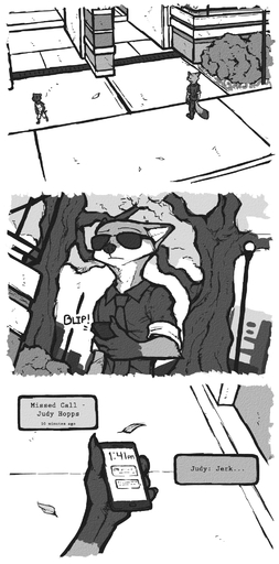 anthro canid canine comic dialogue disney english_text fox hi_res luraiokun male mammal monochrome nick_wilde phone text zootopia // 950x1920 // 999KB