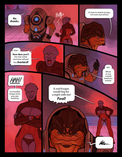 2016 alien alien_humanoid angry asari black_border border breasts butt cleavage clothed clothing comic commander_shepard dialogue digital_media_(artwork) english_text female grunt_(mass_effect) hi_res humanoid krogan male mass_effect meesh open_mouth profanity speech_bubble text video_games // 1063x1375 // 1.3MB