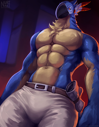 2021 abs anthro avian beak belt bottomwear clothed clothing digital_media_(artwork) feathers kass_(tloz) male muscular muscular_anthro muscular_male nurinaki pants rito solo topless video_games // 896x1150 // 888.8KB