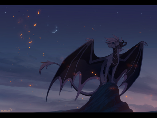 2019 black_bars detailed_background dragon fantasy feral hair hi_res horn letterbox membrane_(anatomy) membranous_wings moon night outside scalie sitting skaydie sky solo star starry_sky western_dragon wings // 2846x2135 // 1.7MB