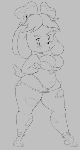 2017 animal_crossing anthro bell belly big_breasts blush bottomwear bra breasts canid canine canis cleavage clothed clothing denim denim_clothing domestic_dog female footwear hi_res isabelle_(animal_crossing) jeans mammal monochrome navel nintendo panties pants purple_yoshi_draws push_up_bra ribbons shih_tzu simple_background sketch slightly_chubby solo thick_thighs torn_bottomwear torn_clothing torn_jeans torn_pants toy_dog underwear video_games wide_hips // 1012x1900 // 362.5KB