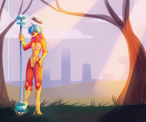 anthro blue_hair breasts city elvche eyewear female flat_chested fur glasses hair halo lagomorph mammal nipples nude orange_fur pussy rabbit science_fiction tree weapon // 2500x2094 // 8.5MB