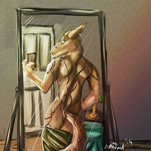 1:1 anthro asher_tail brown_eyes butt clothing docisco hi_res holding_object holding_phone inside looking_at_mirror looking_at_object looking_at_viewer looking_back male mirror phone piercing reflection selfie sergal simple_background smile solo southern_sergal tattoo teasing towel undressing // 1280x1280 // 337.9KB