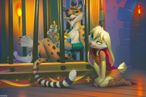 3:2 anthro armband bianca_(spyro) boots cage cheetah clothed clothing dungeon duo felid feline female footwear fully_clothed hunter_(spyro) lagomorph leporid looking_at_another male mammal miles_df open_mouth rabbit sash torch video_games // 1200x800 // 1.3MB