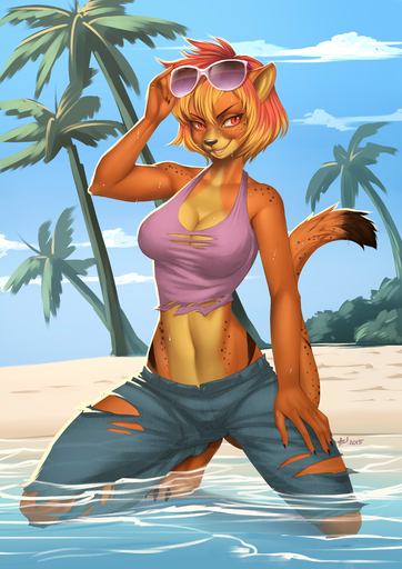 2015 5_fingers absurd_res alanscampos anthro beach biped blonde_hair breasts brown_body brown_fur claws clothed clothing cloud detailed_background digital_media_(artwork) eyewear felid female finger_claws fingers fur glasses hair hand_on_leg hand_on_thigh hi_res kneeling looking_at_viewer mammal midriff multicolored_hair navel open_mouth outside palm_tree pink_hair plant public red_eyes sand seaside sky smile solo spots sunglasses tigerlily_(charise) toe_claws torn_clothing tree two_tone_hair water // 2893x4092 // 1.2MB