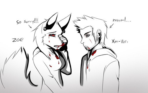 2012 anthro apology blood blood_on_clothing blood_on_face bodily_fluids canid canine clothing duo human male mammal nnecgrau nosebleed partially_colored side_view simple_background violence zoe_(nnecgrau) // 790x500 // 167.5KB