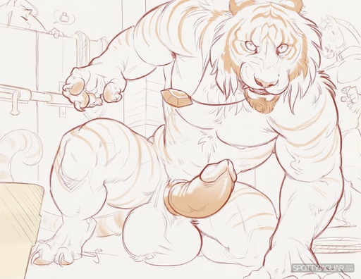 anthro balls big_balls claws crouching erection facial_hair felid genitals huge_balls jewelry looking_at_viewer male mammal muscular muscular_anthro muscular_male necklace pantherine partran_(tiger) pecs penis smile smirk solo spottyjaguar text tiger // 1100x850 // 137.1KB