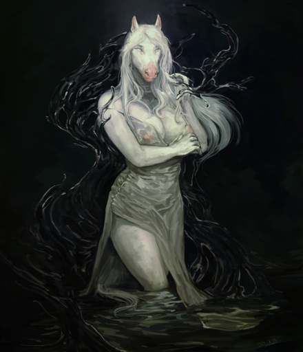 2017 5_fingers anthro biped black_background breasts clothed clothing conditional_dnp digital_media_(artwork) digital_painting_(artwork) dress empty_eyes equid equine female fingers front_view fur hair hi_res horse humanoid_hands long_hair mammal nipples oouna partially_submerged pink_nipples portrait restricted_palette signature simple_background snout solo standing swamp three-quarter_portrait translucent translucent_clothing water white_body white_fur white_hair // 1050x1222 // 4.9MB