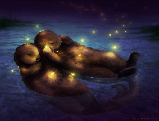 ambiguous_gender black_nose brown_body brown_fur detailed_background duo eyes_closed feral fur lutrine mammal mustelid neytirix night nude partially_submerged sea_otter water // 1398x1066 // 216.3KB