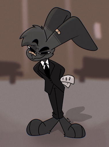 absurd_res anthro band-aid band-aid_on_nose bandage black_body black_fur blurred_background cheek_tuft clothing eyebrows facial_tuft fur grey_body grey_fur half-closed_eyes hi_res lagomorph leporid male mammal narrowed_eyes necktie nick_(the_xing1) rabbit raised_eyebrow simple_background smile smirk smug smug_face solo suit the_xing1 three_piece_suit tuft // 2426x3279 // 1.5MB