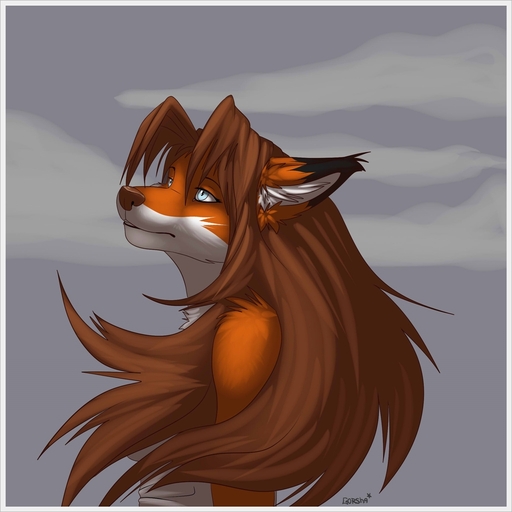 1:1 anthro basitin black_body black_fur blue_eyes breasts brown_hair brown_nose canid canine clothed clothing cloud female fox fur gorsha_pendragon grey_eyes hair keidran laura_(twokinds) long_hair mammal orange_body orange_fur outside shirt sky solo topwear twokinds watermark webcomic webcomic_character white_body white_fur // 1022x1022 // 338KB