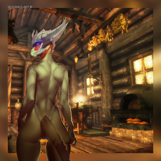 1:1 anthro argonian back_muscles bethesda_softworks black_sclera blue_eyes butt clothed clothing female glowing glowing_eyes hi_res inside looking_at_viewer looking_back nude rear_view scalie skygracer skyrim solo the_elder_scrolls topless video_games wide_hips // 2214x2214 // 1.6MB