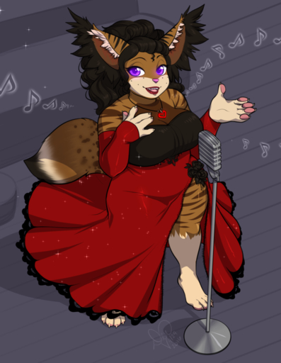 anthro biped clothed clothing digital_media_(artwork) fangs felid female half-closed_eyes hi_res kittydee mammal microphone narrowed_eyes open_mouth singing slightly_chubby smile solo standing teeth tongue // 993x1280 // 643.1KB