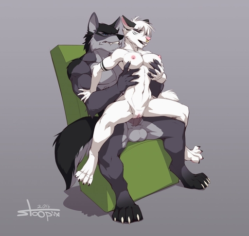 2016 4_toes abs anthro balls blue_eyes breasts canid canine canis chair claws digital_media_(artwork) duo erection eyes_closed facial_piercing feet female female_on_top female_penetrated fur furniture genitals grey_body grey_fur hair hi_res jewelry jotun male malefemale male_on_bottom male_penetrating male_penetrating_female mammal muscular muscular_female nipples nose_piercing nose_ring nude on_bottom on_top penetration penis piercing pussy reverse_cowgirl_position sex simple_background spread_legs spreading stoopix toes vaginal white_body white_fur white_hair wolf // 1280x1215 // 138.2KB