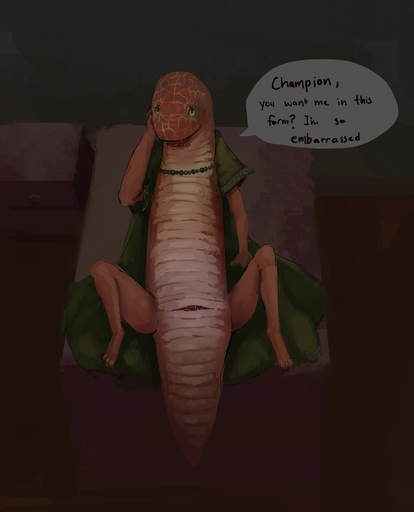 absurd_res animal_genitalia anthro bed cloaca cloak clothing detailed_background dialogue english_text female furniture genitals green_eyes hi_res high-angle_view lying nightstand on_back on_bed presenting rainlithe reptile rya_(elden_ring) scalie snake solo spread_legs spreading talking_to_viewer text // 2753x3408 // 3.5MB