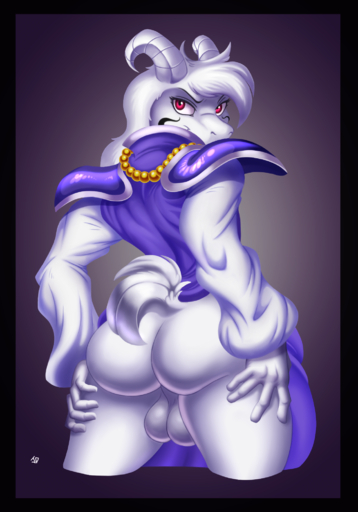 anthro asriel_dreemurr_(god_form) backsack balls big_butt boss_monster bovid butt caprine clothing girly hi_res horn jewelry joey-darkmeat looking_at_viewer looking_back male mammal necklace presenting presenting_hindquarters red_eyes robe simple_background solo spread_butt spreading undertale video_games white_balls // 1400x2000 // 1.8MB