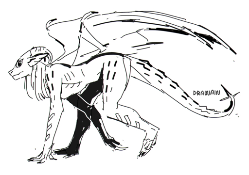 anthro claws dragon drawain female feral hair membrane_(anatomy) membranous_wings monochrome scalie semi-anthro signature simple_background sketch sketchy solo spiked_tail spikes spikes_(anatomy) walking white_background wings // 1000x705 // 365.8KB