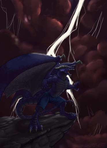 anthro bottomwear claws clothed clothing conditional_dnp dragon hi_res horn lightning male membrane_(anatomy) membranous_wings pants roaring scales scalie sefeiren solo storm topless wings // 927x1280 // 203.1KB