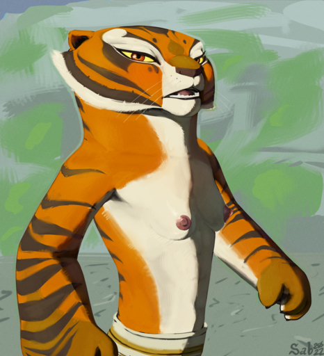 2022 absurd_res anthro areola blush breasts clothed clothing felid female hi_res looking_at_viewer mammal master_tigress nipples open_mouth pantherine sabrotiger small_breasts solo tiger topless whiskers yellow_sclera // 2332x2560 // 9.9MB