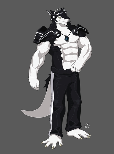 abs anthro armor athletic barefoot belt biceps big_muscles biped black_body black_fur black_hair blue_eyes bottomwear claws clothed clothing discordnight feet fur hair headgear headphones headset hi_res male muscular muscular_anthro pants pecs plain_white science_fiction sergal solo standing toe_claws topless visor white_body white_fur // 1280x1719 // 188.0KB