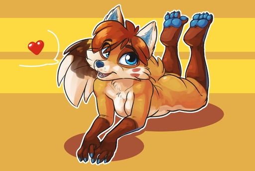 2018 <3 absurd_res anthro blue_eyes breasts brown_body brown_fur brown_hair canid canine female fox fur hair hi_res hindpaw leg_markings looking_at_viewer lying mammal markings nude on_front open_mouth pawpads paws simple_background siroc smile socks_(marking) solo teeth tongue // 3258x2181 // 410KB