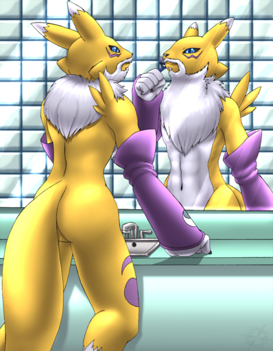 anthro armwear bandai_namco bathroom beard black_sclera blue_eyes bridal_gauntlets butt canid canine clothing digimon digimon_(species) facial_hair facial_markings fur head_markings hi_res humanoid_pointy_ears humor inside looking_at_mirror looking_at_object male mammal markings meta mirror mostly_nude mykiio navel neck_tuft reflection renamon shaving solo tuft white_body white_fur yellow_body yellow_fur // 996x1280 // 1.1MB