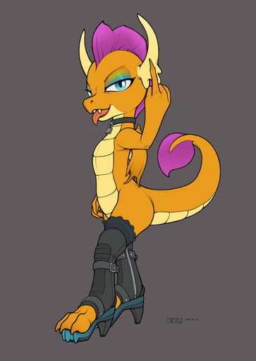 2018 anthro biped boots choker clothing collar colored dragon ecmajor fangs female footwear friendship_is_magic gesture grey_background hi_res high_heels jewelry legwear looking_at_viewer middle_finger mostly_nude my_little_pony necklace orange_body orange_scales scales scalie shoes simple_background smolder_(mlp) solo thigh_boots thigh_highs tongue tongue_out wings // 1162x1638 // 507.7KB