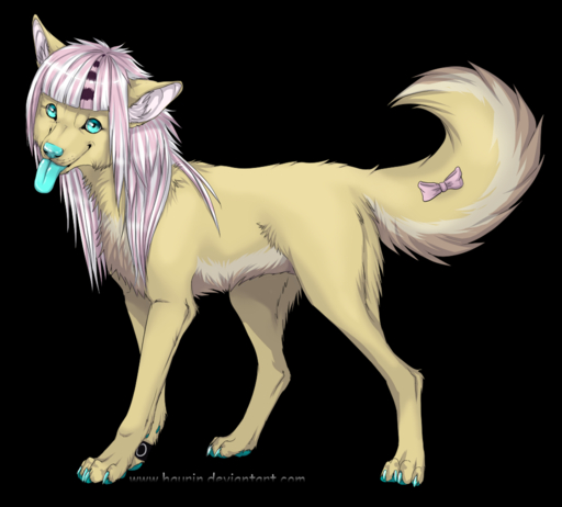 alpha_channel blue_eyes blue_nose blue_tongue canid canine canis domestic_dog female feral fur hair hauringu looking_at_viewer mammal nude paws pink_hair quadruped smile solo standing tongue yellow_body yellow_fur // 1024x924 // 446.4KB