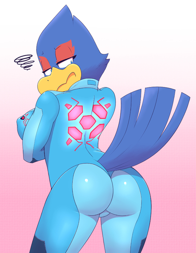 acstlu anthro avian beak big_breasts big_butt bird blue_body blue_feathers breasts butt clothed clothing cosplay crossgender crossover crossover_cosplay falco_lombardi feathers female half-closed_eyes hi_res looking_at_viewer looking_back metroid narrowed_eyes nintendo non-mammal_breasts simple_background skinsuit solo star_fox suit tight_clothing video_games zero_suit // 1314x1700 // 1.0MB