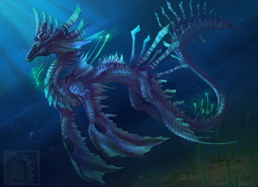 2019 ambiguous_gender blue_body blue_eyes blue_scales bubble detailed_background dragon fin gelangweiltertoaster hi_res horn leviathan looking_at_viewer marine scales solo spines // 3117x2267 // 5.3MB