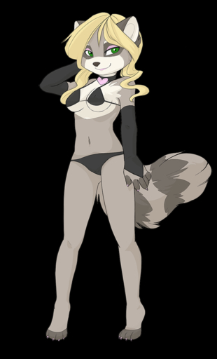 alpha_channel anthro barefoot biped blonde_hair breasts clothed clothing digital_media_(artwork) eyeshadow feet female green_eyes hair iskra makeup mammal procyonid raccoon simple_background solo transparent_background // 600x992 // 243KB