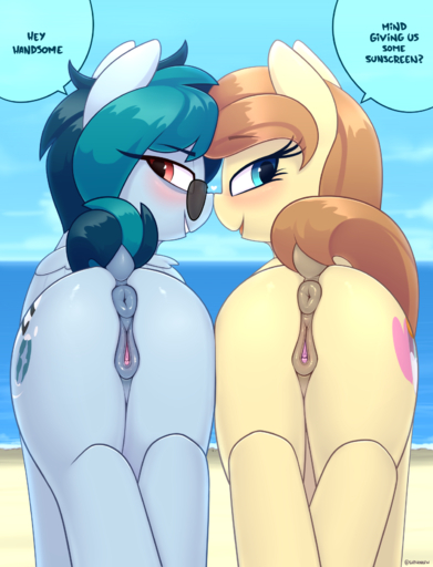 2018 anatomically_correct anatomically_correct_genitalia anatomically_correct_pussy animal_genitalia animal_pussy anus ass_to_ass beach boop butt clitoris cream_heart_(mlp) cutie_mark delta_vee dialogue digital_media_(artwork) duo earth_pony english_text equid equine equine_anus equine_pussy eyewear fan_character female feral genitals hi_res horse looking_at_viewer looking_back mammal mature_female mature_feral nose_boop nose_to_nose outside pony presenting presenting_anus presenting_pussy pussy raised_tail rear_view seaside seductive shinodage text // 1280x1677 // 1.2MB