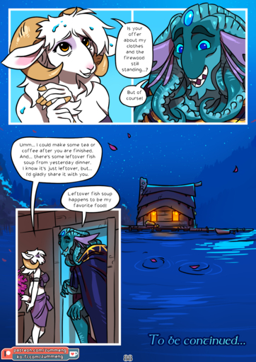 alexander_(zummeng) amber_eyes anthro blue_eyes bovid bovid_horn caprine caprine_horn cephalopod comic curved_horn deity duo english_text eyeshadow female gloria_(zummeng) goat happy hi_res horn jagged_teeth lake larger_male makeup male malefemale mammal marine mollusk pseudo_hair ram_horn size_difference smaller_female smile tentacle_hair tentacles text water zummeng // 1131x1600 // 1.1MB