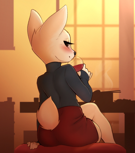 2019 absurd_res aggressive_retsuko alcohol anthro beverage biped blush canid canine clothed clothing crossed_legs digital_media_(artwork) eyelashes female fennec fenneko fox fully_clothed glass hi_res holding_glass holding_object inside mammal pudgeruffian sanrio sitting smile solo vulpes // 2649x3000 // 7.2MB