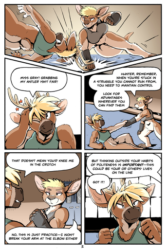 2016 adrian_gray anthro antlers blonde_hair bottomless breasts casual_exposure cervid clothed clothing comic dialogue dojo english_text featureless_crotch feet female fight fur hair hi_res hooves horn inside kangaroo macropod male mammal marsupial martial_arts muscular muscular_female open_mouth plantigrade pouch_(anatomy) rick_griffin shirt short_hair speech_bubble tan_body tan_fur tank_top text topwear // 876x1317 // 963.6KB