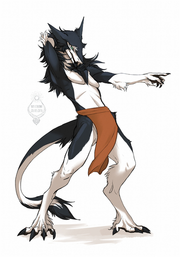 4_fingers 4_toes anthro black_body black_claws black_fur bottomwear brown_clothing claws clothing feet fingers fur gesture green_eyes hand_behind_head hi_res loincloth male pointing ray_etherna sergal simple_background solo toes white_background white_body white_fur // 1024x1460 // 748KB