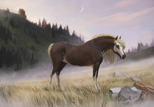 2017 ambiguous_gender blonde_hair brown_body brown_fur cloud crescent_moon day detailed_background digital_media_(artwork) equid equine feral fog fur grawss hair hill horse mammal moon nature outside padjetxharrington plant rock side_view skul_face_paint sky solo standing tree // 1280x891 // 117.0KB