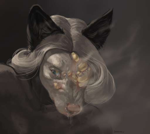 2018 anthro blue_eyes burn canid canine canis digital_media_(artwork) domestic_dog female hair hi_res mammal pain pink_nose shwonky simple_background solo white_hair // 1800x1618 // 2.6MB