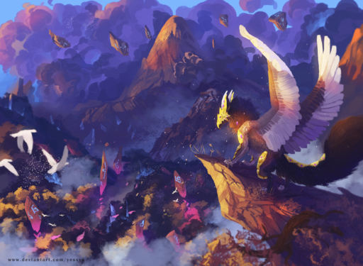 2019 avian bird day detailed_background digital_media_(artwork) dragon feathered_dragon feathered_wings feathers feral flying group hi_res outside sky standing text url wings yessys // 1800x1319 // 2.6MB