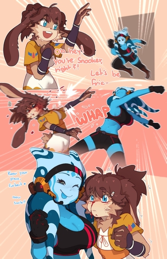 alien alien_humanoid anthro armor belt belt_buckle big_breasts blood blue_body blue_eyes blue_skin bodily_fluids bottomwear bracers breasts brown_body brown_fur brown_hair bruised cleavage clothed clothing comic crop_top curvy_figure dialogue duo english_text female fist flat_chested frown fully_clothed fur gloves hair handwear hi_res hotpants humanoid humor impact impact_lines lagomorph legwear lepi leporid long_ears lop_(star_wars_visions) mammal midriff motion_lines nosebleed punch rube shirt shorts smile spread_legs spreading swinging tears tentacles text thigh_highs tongue tongue_out topwear twi'lek // 1320x2048 // 325.5KB