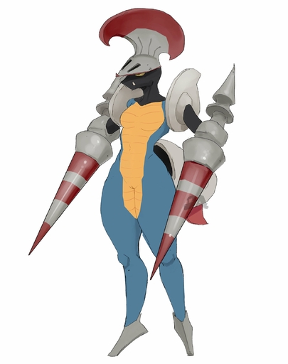 anthro armor breasts escavalier fangs featureless_breasts female genitals goonie-san hi_res knight lance nintendo pokemon pokemon_(species) pussy snaggle_tooth solo video_games warrior yellow_sclera // 1818x2300 // 171.2KB