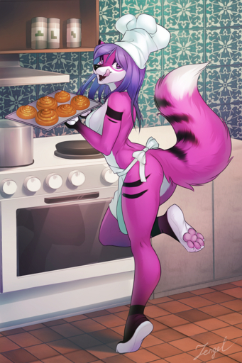 2:3 4_toes anthro apron apron_only barefoot biped breasts butt canid canine casual_exposure chef_hat claws clothed clothing cooking countershade_feet countershading detailed_background digital_media_(artwork) feet female food fox fur hair hat headgear headwear inside iskra kitchen licking licking_lips looking_at_viewer mammal mostly_nude on_one_leg oven pawpads pink_pawpads purple_body purple_fur purple_hair selene_leni self_lick shaded side_boob side_view soles solo standing tiptoes toes tongue tongue_out // 600x900 // 983.8KB