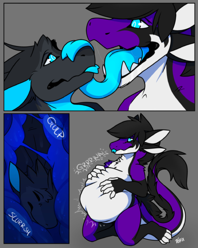 2021 4:5 absurd_res after_vore ambiguous_gender anthro belly big_belly comic digestion digestion_noises digital_media_(artwork) dragon duo elusion_(elusionair) hi_res internal motion_lines onomatopoeia oral_vore reptile rumbling_stomach scalie sergal signature snake soft_vore sound_effects swallowing text vore vorix vorix_(character) // 2000x2500 // 1.4MB
