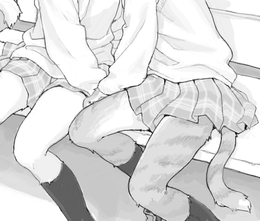 2013 anthro bottomwear clothed clothing digital_media_(artwork) duo felid feline footwear fur greyscale kikurage legwear mammal monochrome school_uniform skirt socks topwear uniform // 600x510 // 143KB