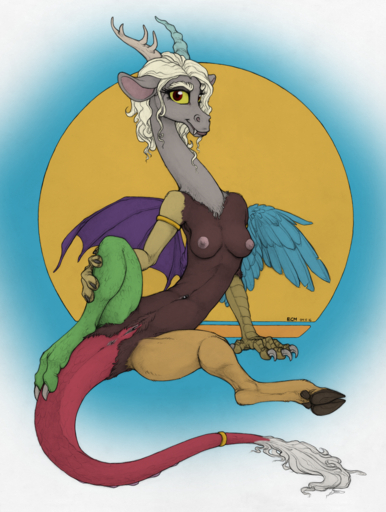 2017 anthro anus breasts chimera claws crossgender discord_(mlp) draconequus ecmajor feathered_wings feathers female friendship_is_magic genitals hasbro hi_res horn jewelry lips long_body long_neck long_torso looking_at_viewer membrane_(anatomy) membranous_wings mismatched_wings my_little_pony navel navel_piercing nipples piercing presenting pussy semi-anthro simple_background solo spread_legs spreading thick_bottom_lip white_background wings // 1204x1596 // 2.4MB